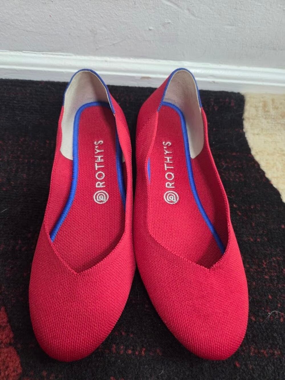 Rothy's Cherry Red w/Blue Halo Trim Flat Knit Round Toe Ballet Y2K Shoes sz 9.5